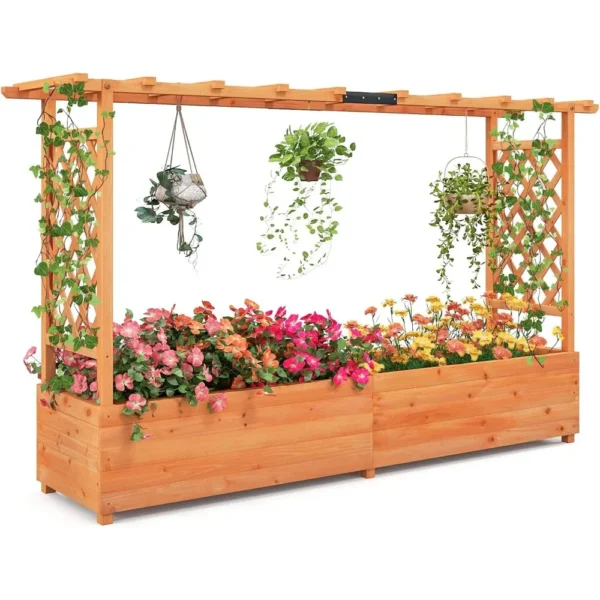 Cama de jardín elevada con enrejado y techo colgante, fiorrera de madera con parte inferior y orificios de drenaje, plano de jardín independiente