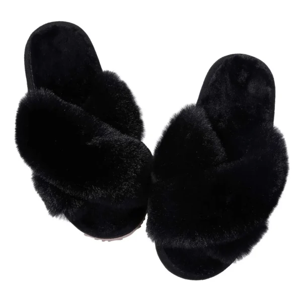 Zapatillas de casa peludas a la moda, chanclas de piel esponjosa para mujer, zapatillas planas peludas para dormitorio, zapatos de interior con banda cruzada de suela gruesa - Imagen 17