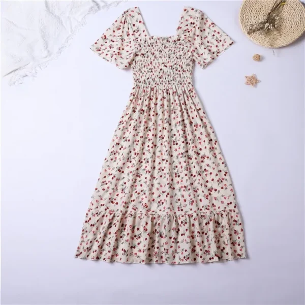 Vestido de gasa de primavera y verano para mujer, vestidos por debajo de la rodilla, manga corta, cintura elástica, estampado Floral, plisado, vestido informal sin espalda - Imagen 5