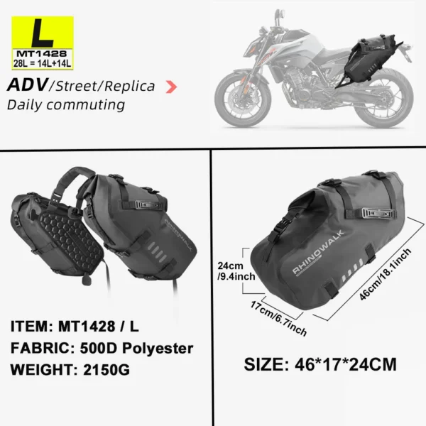 Bolsa de motocicleta Rhinowalk 100% impermeable 18L/28L/48L de gran capacidad 2 uds bolsa de alforja de motocicleta de ajuste Universal bolsas laterales de sillín - Imagen 7