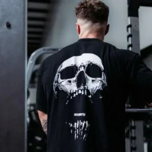 Camiseta holgada de algodón de manga corta para hombres y mujeres, entrenamiento físico, Top caído con hombros y calavera americana