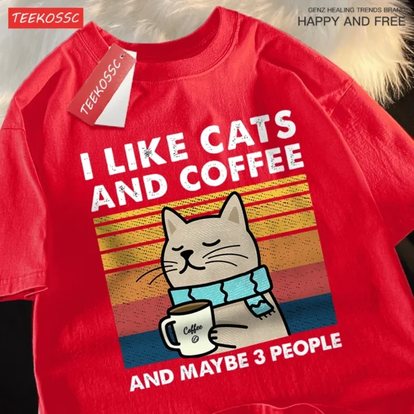 Camiseta I Like Cats And Coffee para hombre y mujer, Camiseta de algodón, ropa holgada de Hip Hop, camiseta de cuello redondo a la moda, ropa de calle para parejas - Imagen 4