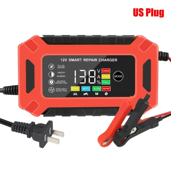 Cargador inteligente para motocicleta y camión, cargador de batería automático para coche, Gel de plomo ácido, húmedo y seco, 12V, 6A, pantalla LCD Digital, reparación de pulsos - Imagen 10
