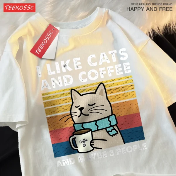 Camiseta I Like Cats And Coffee para hombre y mujer, Camiseta de algodón, ropa holgada de Hip Hop, camiseta de cuello redondo a la moda, ropa de calle para parejas - Imagen 13