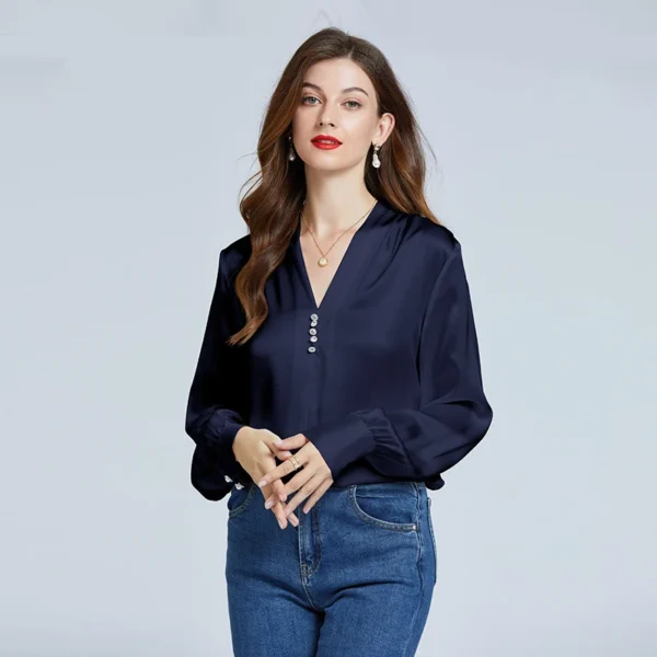 Camisas 100% de seda para mujer, blusas de diseñador, ropa de lujo para mujer, blusa con manga acampanada y cuello en V con botones de diamantes para mujer - Imagen 12