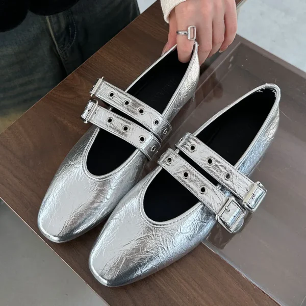 Calzado femenino con punta redonda, zapatos planos de lujo para mujer, zapatos Mary Jane, zapatos planos de Ballet con hebilla a la moda poco profundos para mujer - Imagen 4