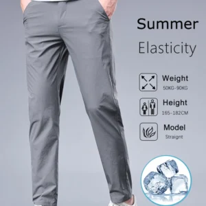 Pantalones de seda de hielo de negocios, pantalones rectos con cintura elástica, pantalones negros y grises, ropa sencilla transpirable para hombre, pantalones de traje informales