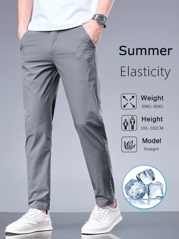Pantalones de seda de hielo de negocios, pantalones rectos con cintura elástica, pantalones negros y grises, ropa sencilla transpirable para hombre, pantalones de traje informales