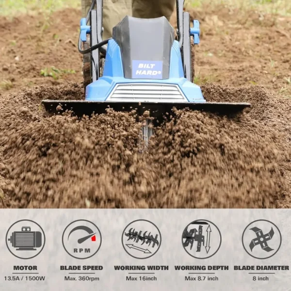Cultivador de cultivador de 16 pulgadas, 13,5 amperios, 6 dientes de acero, cultivadores para jardinería, plegable, rotador de jardín eléctrico con ajustable - Imagen 2