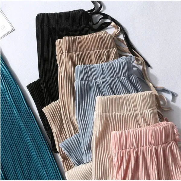 Pantalones de pierna ancha para mujer, pantalón plisado de seda de hielo, cintura elástica, holgado, informal, moda de verano - Imagen 2