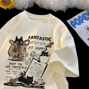 Camiseta para hombres y mujeres, jersey de gran tamaño, versión coreana, camiseta con estampado de grupo de gatos de dibujos animados, pantalón corto informal, camiseta de manga para parejas
