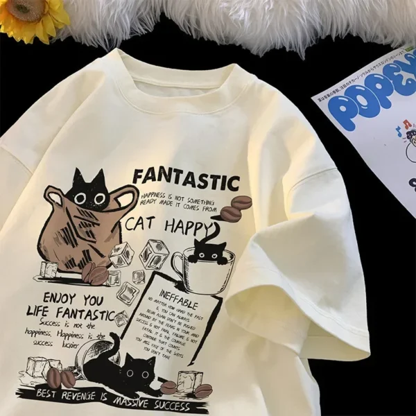 Camiseta para hombres y mujeres, jersey de gran tamaño, versión coreana, camiseta con estampado de grupo de gatos de dibujos animados, pantalón corto informal, camiseta de manga para parejas