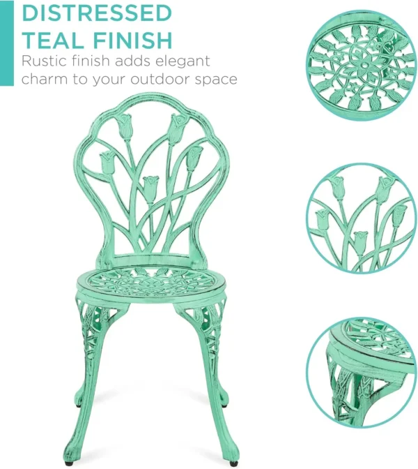 Juego de bistró de patio de aluminio fundido resistente a la oxidación para exteriores de 3 piezas con diseño de tulipán, acabado antiguo - Conjuntos de muebles de patio verde azulado - Imagen 5