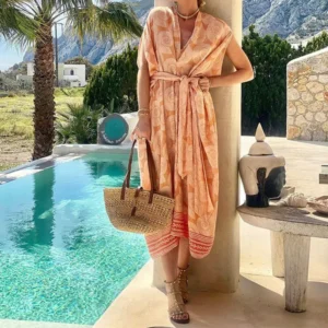 Vestido largo bohemio suelto para mujer con cuello en V manga corta estampado con fajas vestido de playa vestidos de fiesta Verano 2025 ropa de mujer