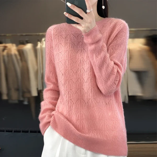 Suéter de punto nuevo para mujer, Top calado, 100% de lana merina, jersey con cuello redondo, suéter de Cachemira, primavera y otoño - Imagen 14
