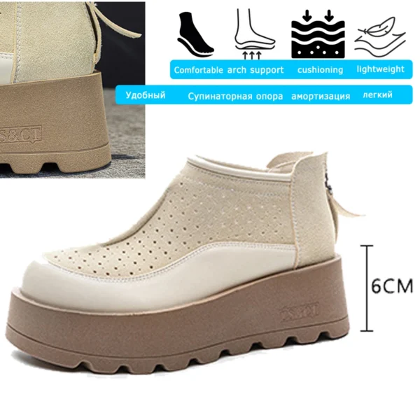 Mocasines de cuero genuino de vaca de gamuza de 6CM, zapatos planos con cuña y plataforma para mujer, botines hasta el tobillo, zapatos de tacón con cremallera para mujer - Imagen 4