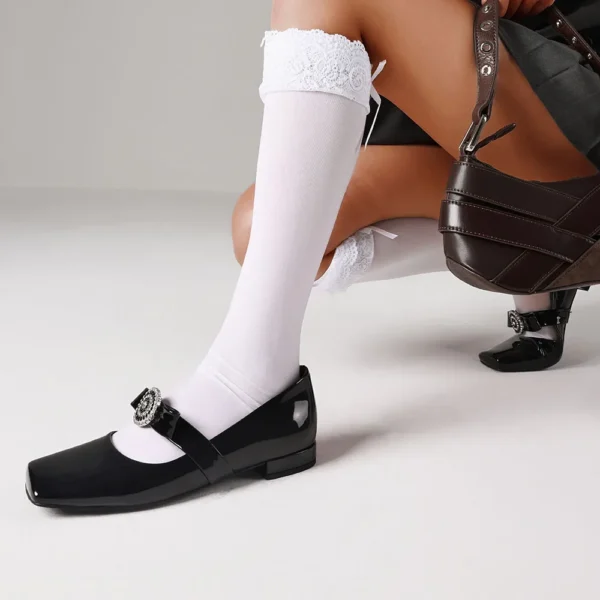 Zapatos planos Mary Jane con diamantes de imitación para mujer, zapatos bajos sin cordones con punta cuadrada, zapatos planos elegantes de lujo para vestido de fiesta - Imagen 3