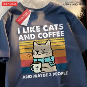 Camiseta I Like Cats And Coffee para hombre y mujer, Camiseta de algodón, ropa holgada de Hip Hop, camiseta de cuello redondo a la moda, ropa de calle para parejas
