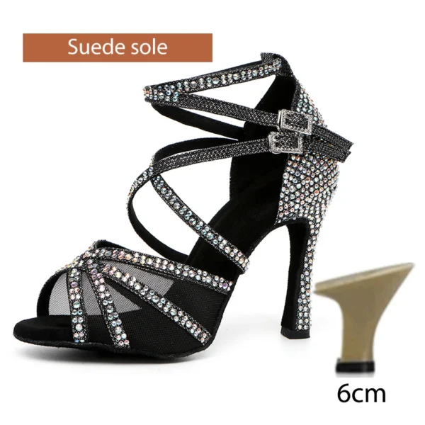 Zapatos de baile latino con diamantes de imitación para mujer, zapatos de baile latino para niña, zapatos de baile de salón negros brillantes para niñas y mujeres - Imagen 10
