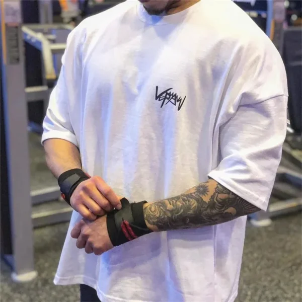 Camiseta deportiva para Fitness, Camiseta de algodón de gran tamaño para entrenamiento, correr, gimnasio, camisetas para hombre, cuello redondo, ropa de calle de manga corta para mujer - Imagen 3