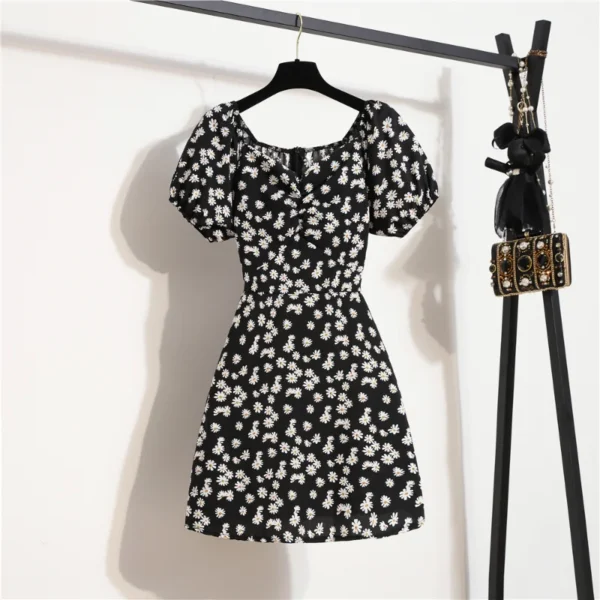 Minivestidos de mujer, moda de verano, Vestidos femeninos con estampado Floral, Vestidos de gasa fruncidos, plisado, manga corta acampanada, vestido informal - Imagen 2
