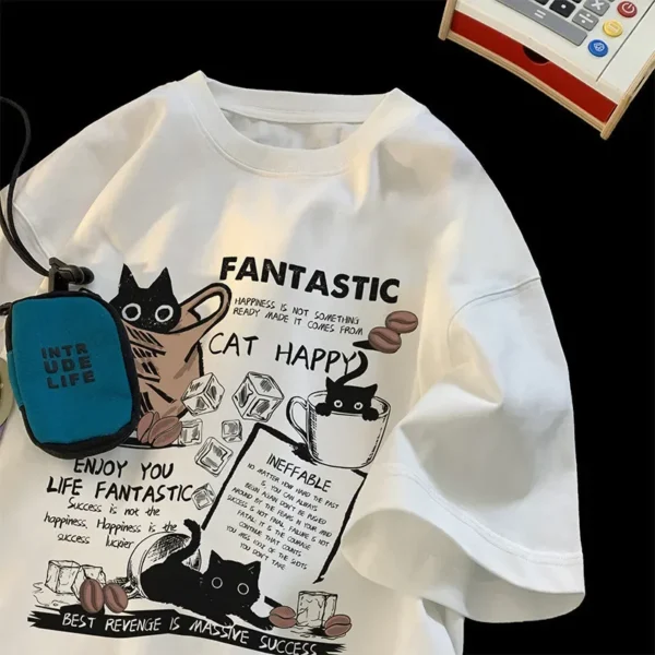 Camiseta para hombres y mujeres, jersey de gran tamaño, versión coreana, camiseta con estampado de grupo de gatos de dibujos animados, pantalón corto informal, camiseta de manga para parejas - Imagen 5