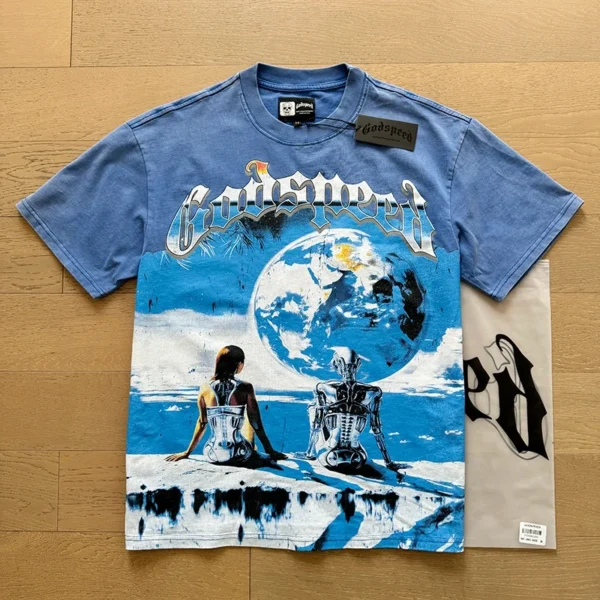 Camiseta hombres mujeres High Street Fire impreso cuello redondo manga corta pareja suelta Casual Top camiseta Foto Real Godspeed - Imagen 5