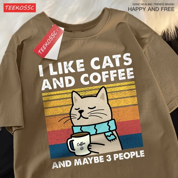 Camiseta I Like Cats And Coffee para hombre y mujer, Camiseta de algodón, ropa holgada de Hip Hop, camiseta de cuello redondo a la moda, ropa de calle para parejas - Imagen 7