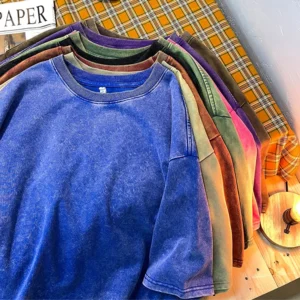 Camisetas Vintage de Color sólido con punto de copo de nieve para hombres y mujeres, camiseta de manga corta 100% de algodón con agua antigua, camiseta de Hip Hop