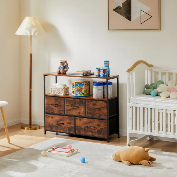 Chimenea soporte de TV tocador para dormitorio con 5 cajones de tela armario de almacenamiento pecho almacenamiento de ropa mueble de vitrina - Imagen 2