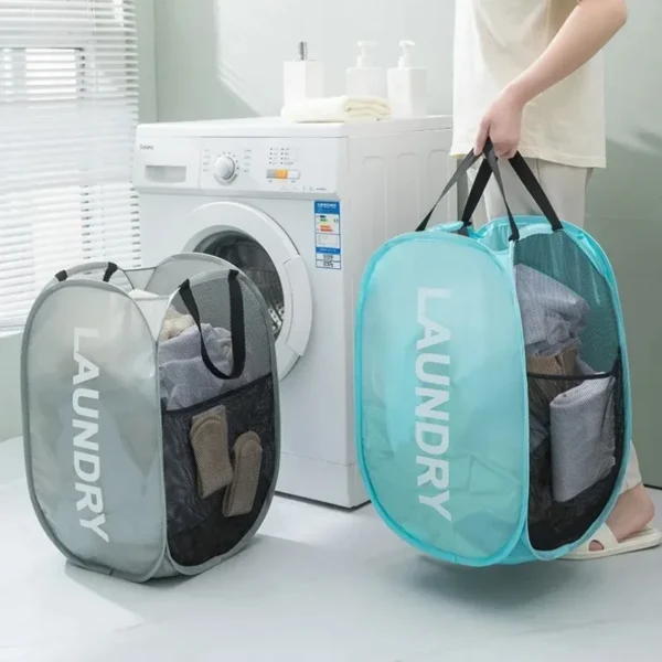 Cesta de lavandería sencilla y plegable duradera, organizador de almacenamiento de juguetes y ropa lavable grande, accesorios de baño transpirables de malla de moda - Imagen 2