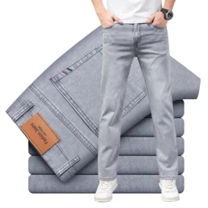 Pantalones vaqueros finos de algodón elástico para hombre, pantalón informal, recto, cómodo, color gris, a la moda, para verano