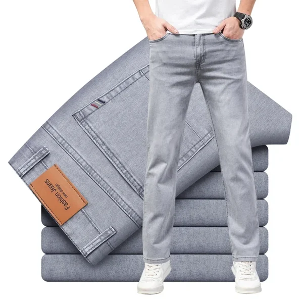 Pantalones vaqueros finos de algodón elástico para hombre, pantalón informal, recto, cómodo, color gris, a la moda, para verano