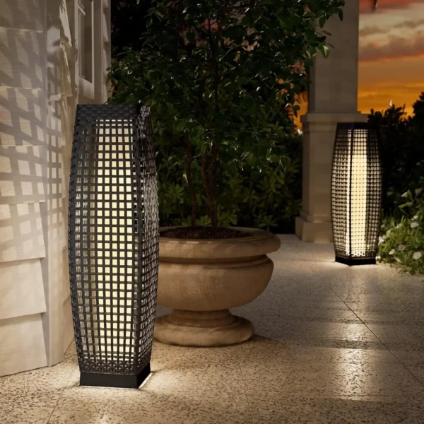 Pieza de lámpara de pie de linterna de mimbre tejida con energía solar para exteriores, decoración para terraza, jardín, césped, porche, medio Cindy, - Imagen 8
