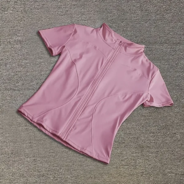 Tops de entrenamiento adelgazantes de cintura de alta calidad para mujer, camisas de Yoga de manga corta con cuello levantado ajustado de secado rápido y cremallera completa, verano - Imagen 9