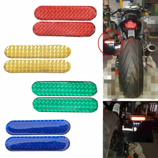 Pegatina reflectante para motocicleta y coche, tiras de cinta reflectante de advertencia, lámpara nocturna roja, verde, amarilla y azul, pegatinas de marca de alarma 2 uds