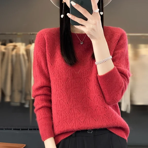 Suéter de punto nuevo para mujer, Top calado, 100% de lana merina, jersey con cuello redondo, suéter de Cachemira, primavera y otoño - Imagen 12