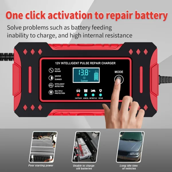 Cargador de batería de coche inteligente 6A 12V unidad de carga de batería de coche y motocicleta pantalla LCD de reparación de batería de plomo-ácido - Imagen 6