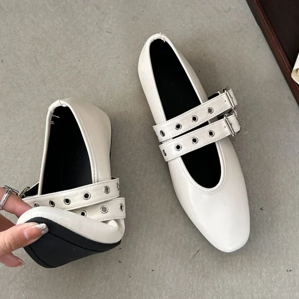 Calzado femenino con punta redonda, zapatos planos de lujo para mujer, zapatos Mary Jane, zapatos planos de Ballet con hebilla a la moda poco profundos para mujer - Imagen 3