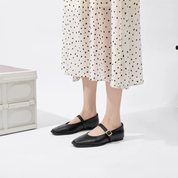 Zapatos Mary Jane de cuero genuino para mujer 2025, nuevos zapatos de Ballet a presión, zapatos planos de piel de vaca con punta cuadrada para mujer - Imagen 5