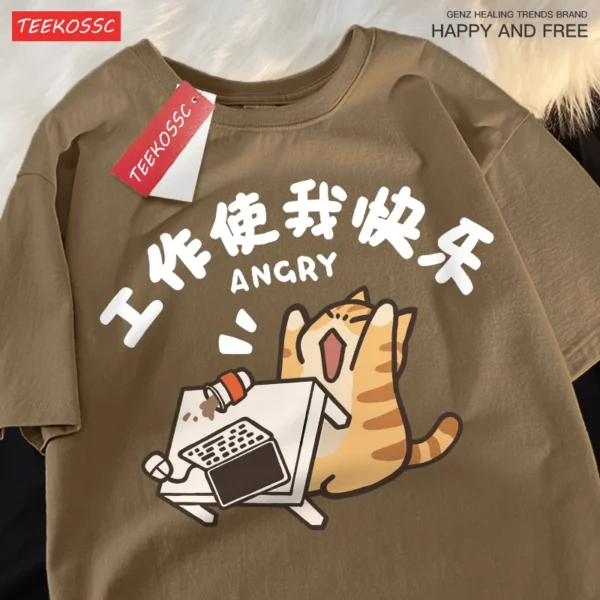 Camiseta de algodón de manga corta para hombres mujeres con camisetas de media manga Trabajo me hace feliz leche gato feroz diversión transpirable verano - Imagen 8