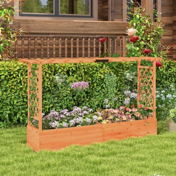 Cama de jardín elevada con enrejado y techo colgante, fiorrera de madera con parte inferior y orificios de drenaje, plano de jardín independiente - Imagen 3