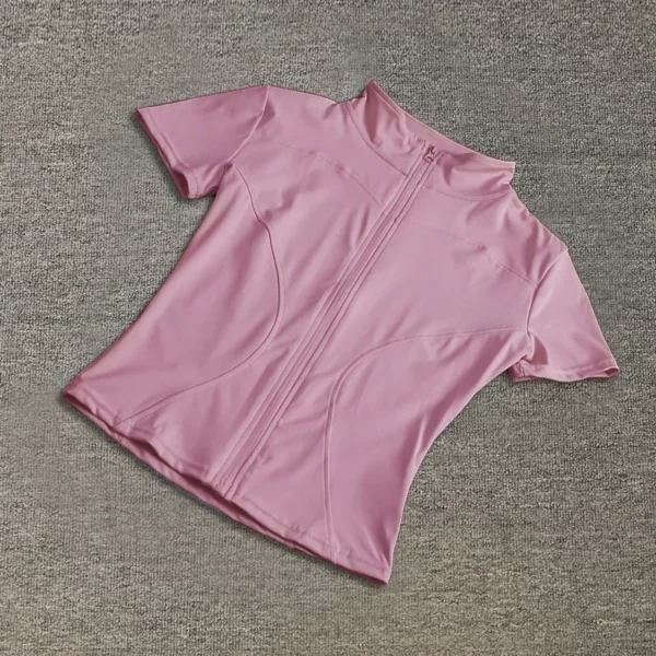 Tops de entrenamiento adelgazantes de cintura de alta calidad para mujer, camisas de Yoga de manga corta con cuello levantado ajustado de secado rápido y cremallera completa, verano - Imagen 4