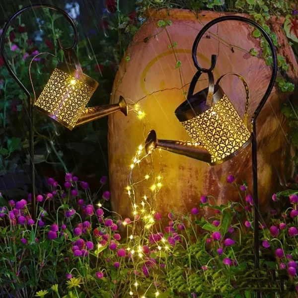 Linterna de Metal, regadera Solar, luces de cascada solares para exteriores, luz colgante impermeable, decoración de jardín, arte de hadas decorativo - Imagen 4