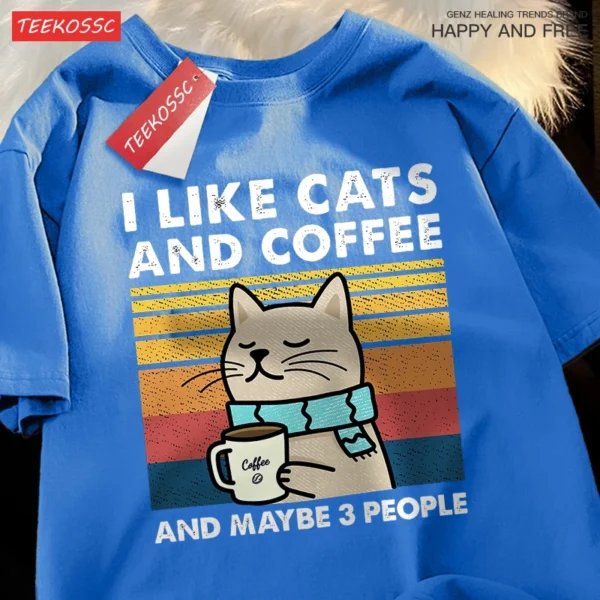 Camiseta I Like Cats And Coffee para hombre y mujer, Camiseta de algodón, ropa holgada de Hip Hop, camiseta de cuello redondo a la moda, ropa de calle para parejas - Imagen 8