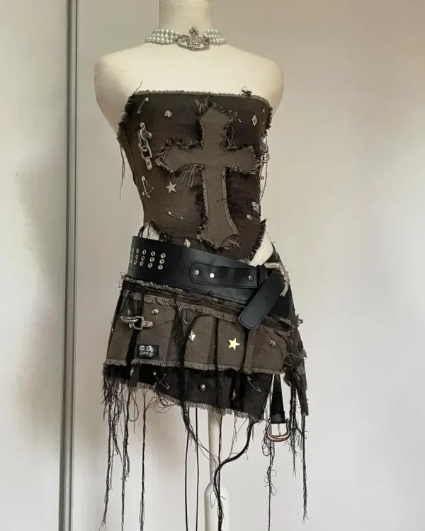 Mini Falda plisada traje ropa de calle americano nueva moda Denim costura lavado viejo de dos piezas mujeres Y2K Harajuku gótico - Imagen 2