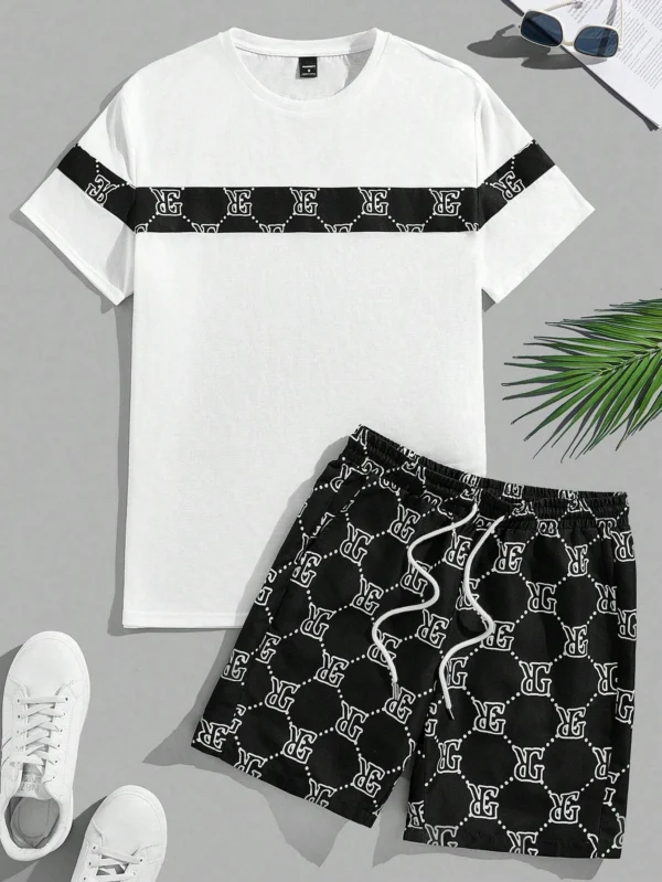 Traje de hombre retro con letras impresas con cuello redondo, Camiseta corta, traje cómodo y transpirable, traje de dos piezas para hombre - Imagen 7