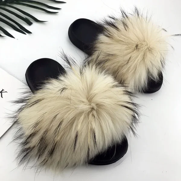 Zapatillas deslizantes de piel de mapache para mujer, zapatillas planas con punta abierta, de felpa para interiores, para el hogar, dormitorio, peludas, informales, cómodas para exteriores - Imagen 26