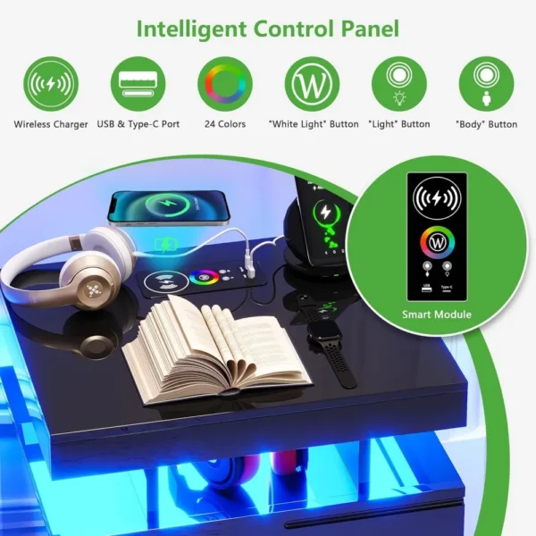 Mesita de noche con luces automáticas, mesitas de noche de alto brillo con estación de carga inalámbrica, mesita de noche con 3 cajones - Imagen 3