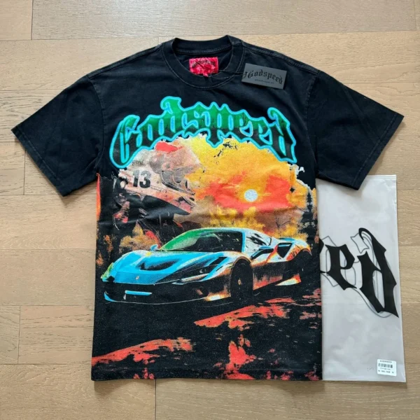 Camiseta hombres mujeres High Street Fire impreso cuello redondo manga corta pareja suelta Casual Top camiseta Foto Real Godspeed - Imagen 3